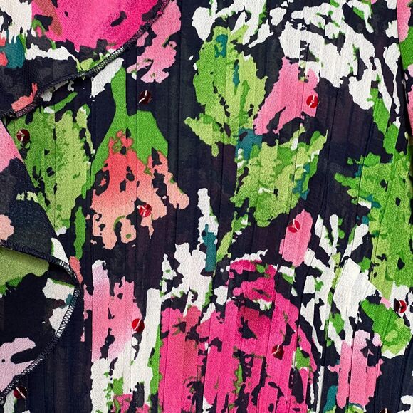 Dressbarn Womens Button Up Top 1X Pink Green Ruffle Office Crinkle Pleated Sheer - Picture 11 of 11